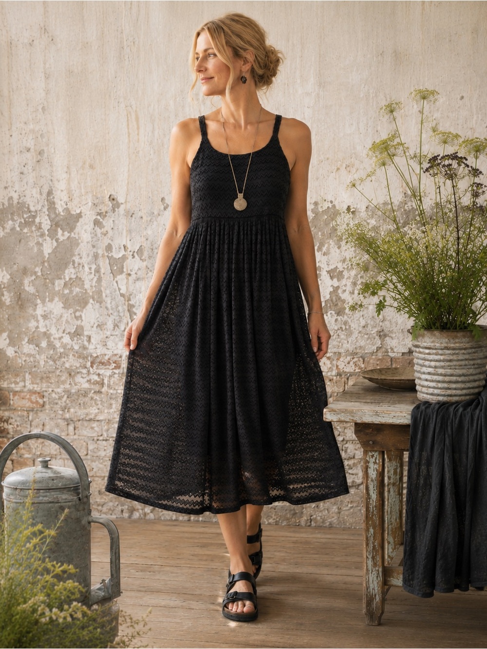Gudrun Sjoden Black Textured Tie Back Midi Dress Size Small Lagenlook